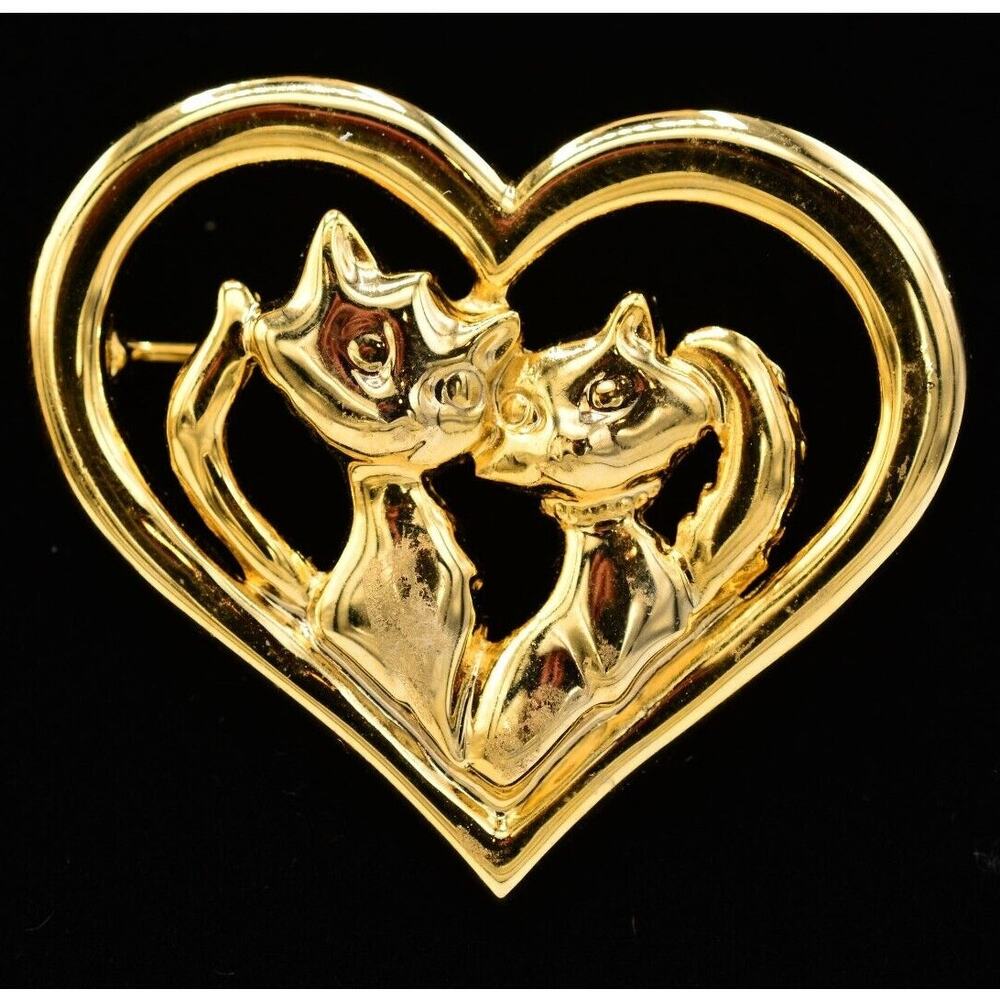 Danecraft Vintage Heart Cat Pin Brooch Gold Valentine Love Signed NOS 80s BinA5